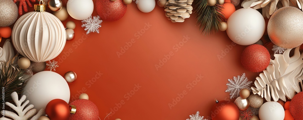 Festive Christmas decorations on red background, ideal for holiday celebrations.