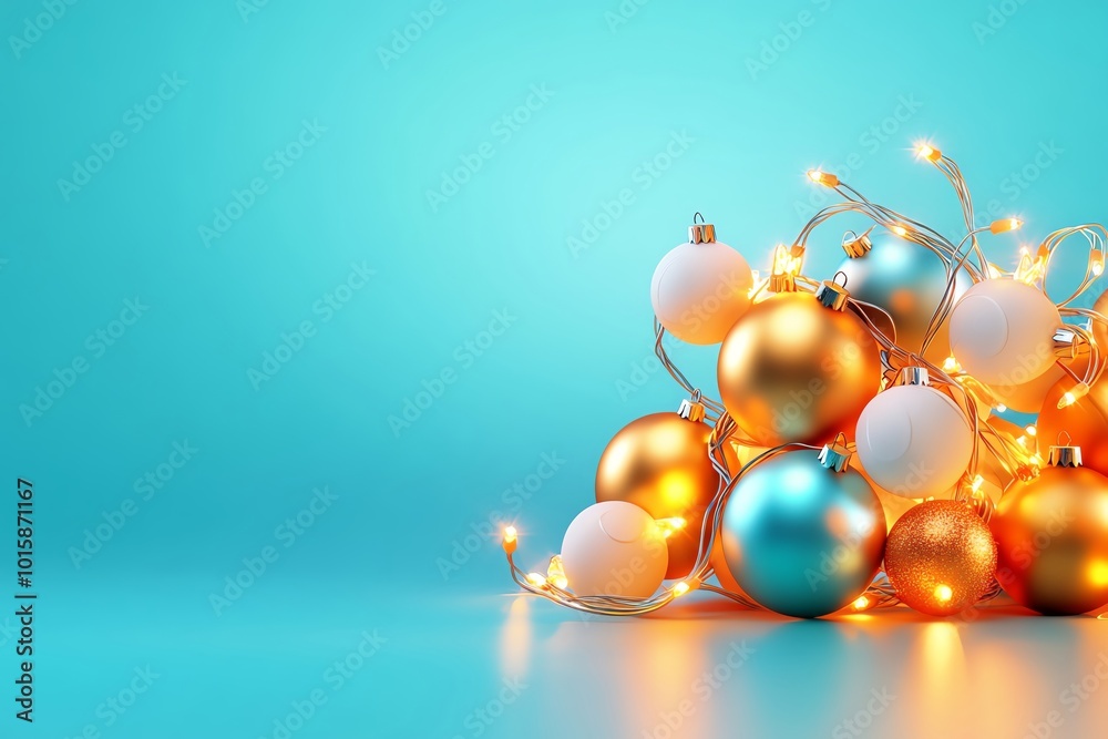 Festive ornaments with glowing lights on a teal background Festive ornaments with glowing lights on a teal background