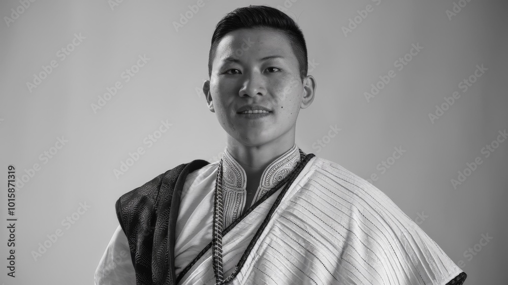 Obraz premium Black and white portrait of man in traditional attire with calm expression