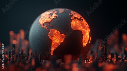 Globe with fiery continents against a dark city background, symbolizing climate change.