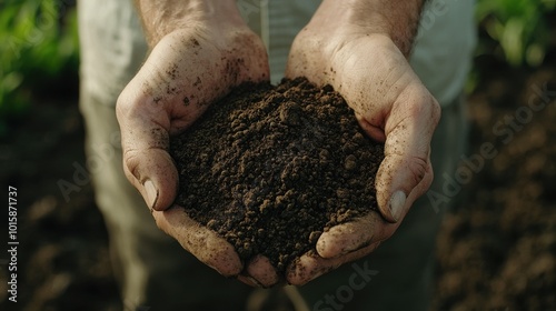 Farmer’s hands holding dark, fertile soil in the middle of a farm