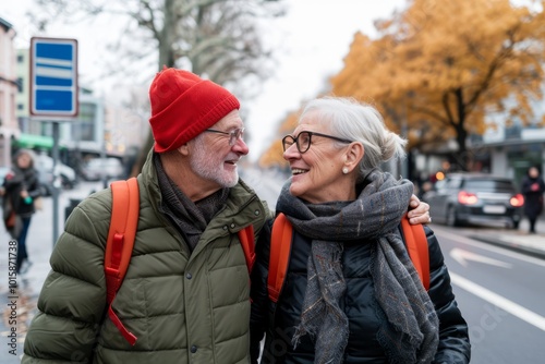 Happy senior couple walking in the city. They are wearing warm clothes.