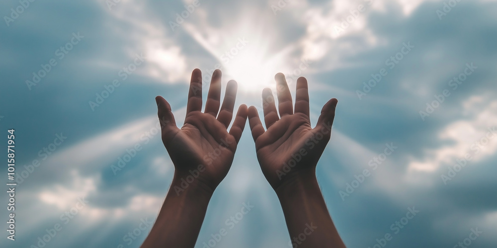 Hands reaching towards the sky, with rays of light breaking through thick clouds, symbolizing prayer for forgiveness and the grace of the Lord. Hands reaching towards the sky, with rays of light breaking through thick clouds, symbolizing prayer for forgiveness and the grace of the Lord.