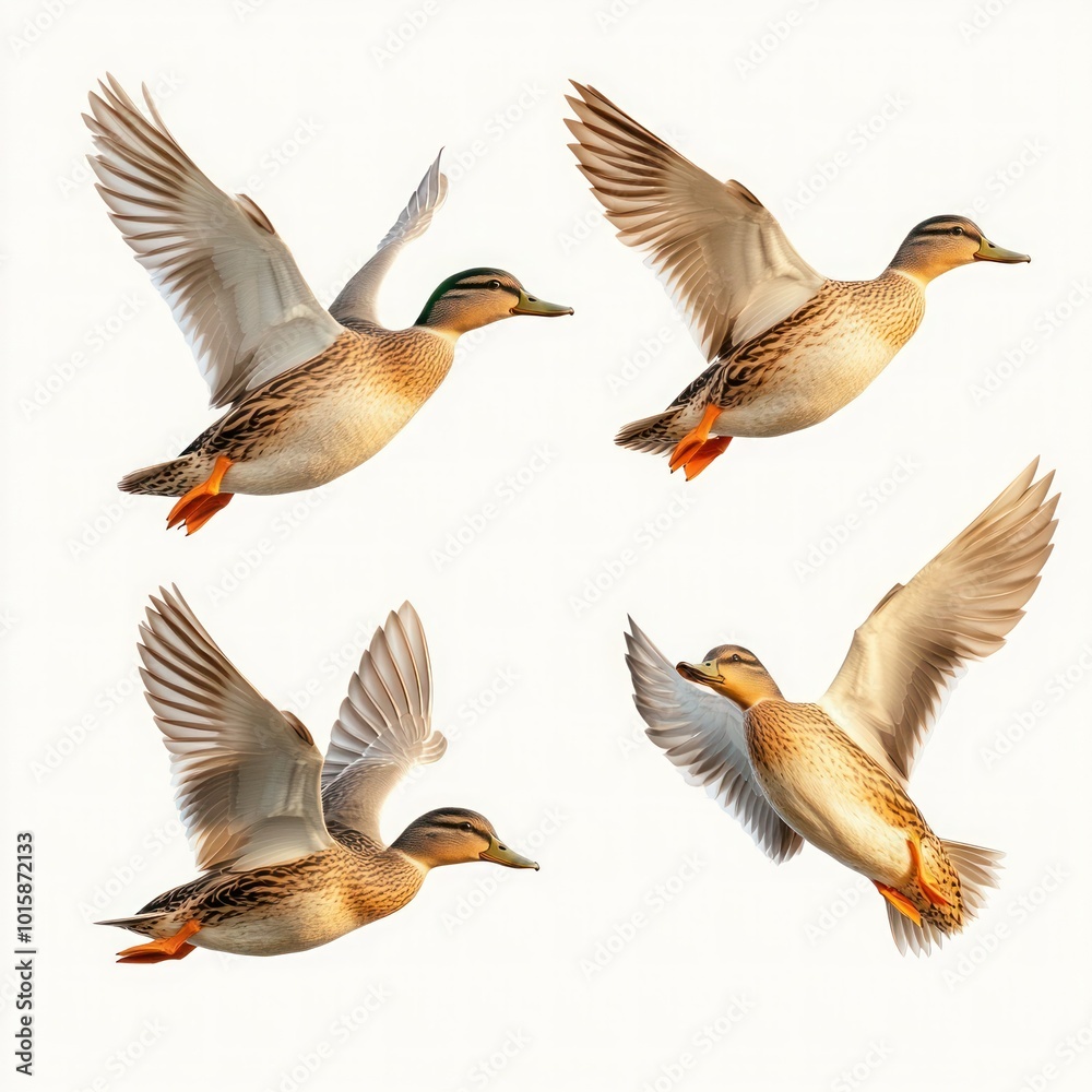 Collection of Brown Female Mallard Ducks: Flying and Standing Isolated on Background - Portrait Collection of Brown Female Mallard Ducks: Flying and Standing Isolated on Background - Portrait