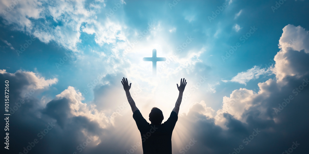 A person raising their hands in prayer towards a cross-shaped cloud formation in the sky, surrounded by heavenly light, symbolizing devotion and worship in God's presence. A person raising their hands in prayer towards a cross-shaped cloud formation in the sky, surrounded by heavenly light, symbolizing devotion and worship in God's presence.