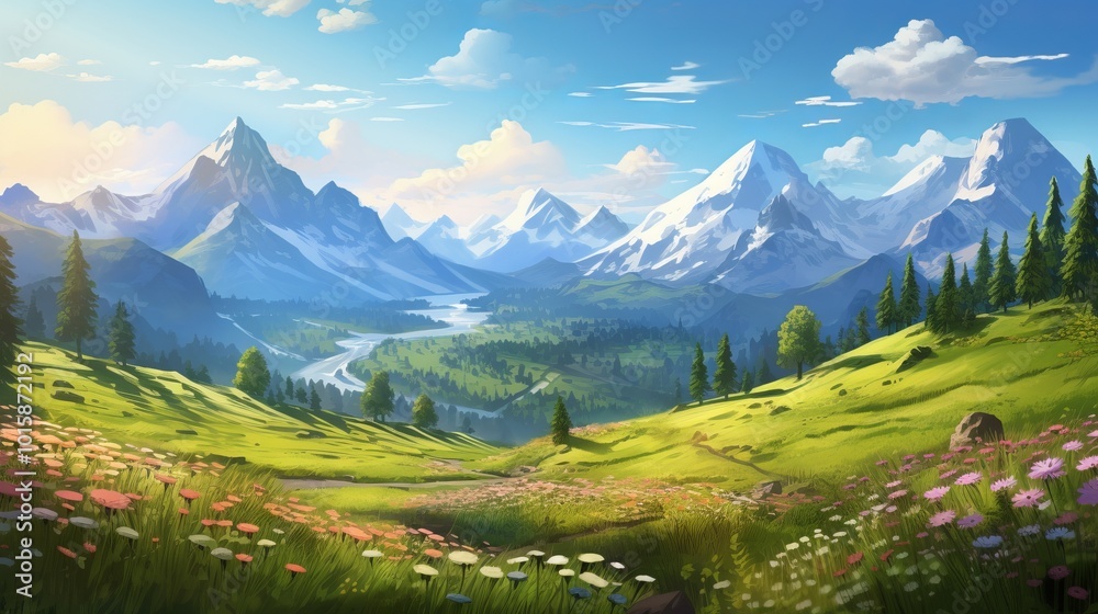 Stunning anime-style landscape wallpaper featuring lush green mountains adorned with colorful flowers under a clear blue sky
Stunning anime-style landscape wallpaper featuring lush green mountains adorned with colorful flowers under a clear blue sky