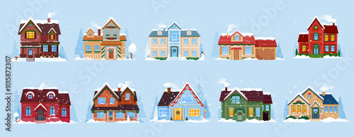 Christmas winter house facade exteriors and home building with snowy roofs, cartoon vector. Christmas town homes or village houses with chimney smoke, wreath decoration on door and light in windows