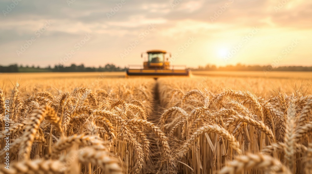 Fototapeta premium Golden wheat fields at sunset with a combine harvester in the distance