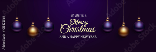 We wish you a Merry Christmas and a Happy New Year card. Dark purple vector background. Christmas balls and text. Holiday greetings festive design
