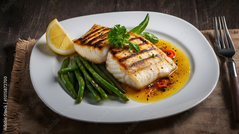 Grilled tilapia fish fillet with green herbs & lemon. Healthy tasty seafood lean protein diet roast meal gourmet cuisine Grilled tilapia fish fillet with green herbs & lemon. Healthy tasty seafood lean protein diet roast meal gourmet cuisine