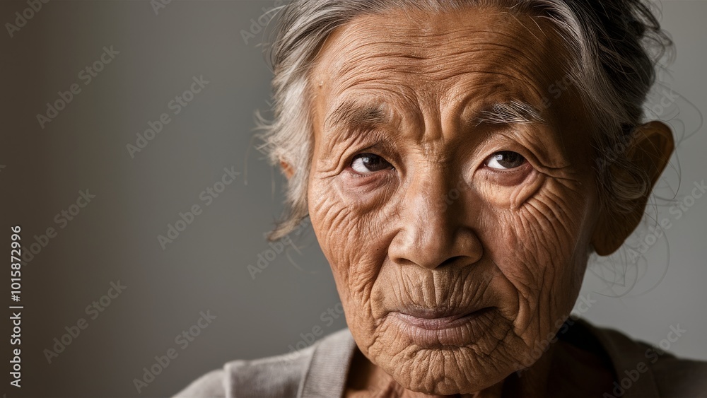 Portrait of an elderly woman with expressive facial lines and a gentle gaze