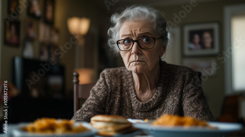 An elderly woman sitting at a dining table covered with uneaten meals, staring vacantly at a wall adorned with family photos, symbolizing her isolation and loss of interest in life photo