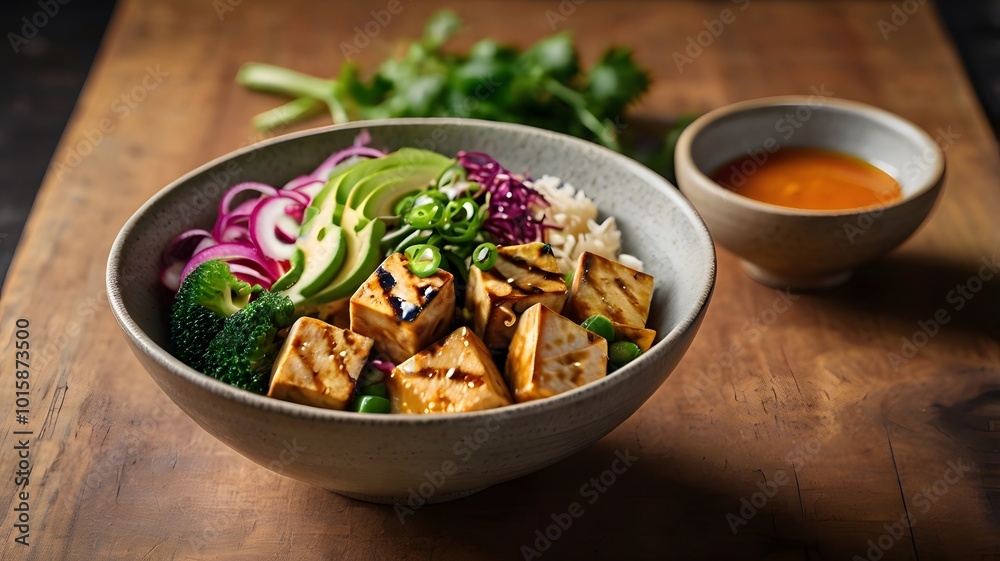 healthy roasted grilled tofu pieces with fresh green vegetables, nourishing vegan protein diet food snacks on brown table healthy roasted grilled tofu pieces with fresh green vegetables, nourishing vegan protein diet food snacks on brown table