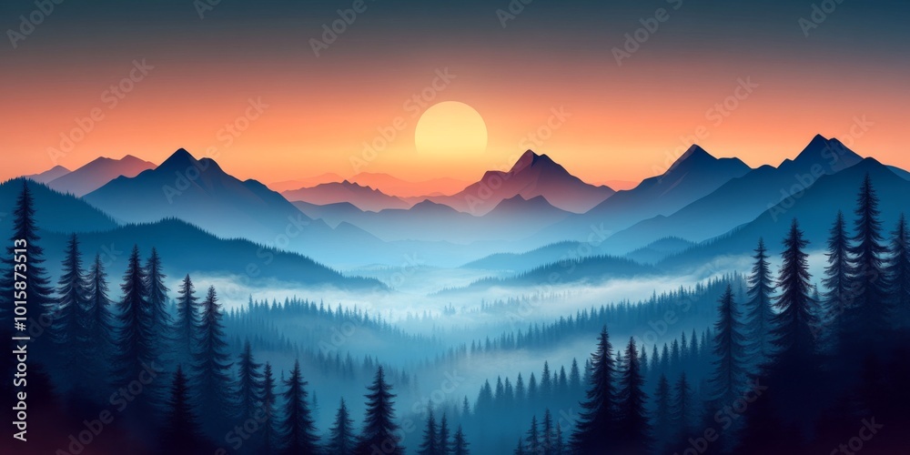 Obraz premium Stylized illustration of a serene mountain landscape enveloped in fog, featuring soft pastel colors