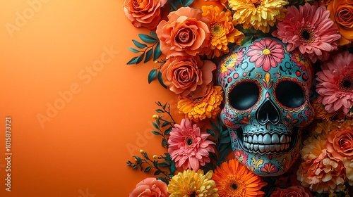 A vibrant sugar skull adorned with floral patterns, perfect for Day of the Dead celebrations, altar decor, and festive invitations.