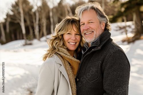 Senior couple walking in winter park. Mature man and woman embracing.