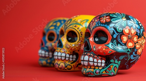 Colorful sugar skulls adorned with intricate designs feature prominently for Día de los Muertos celebrations, ideal for event promotions, merchandise, or cultural displays.