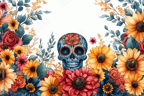 Vibrant floral border featuring sugar skulls and ornate flowers, perfect for Day of the Dead celebrations, altars, and festive decorations. photo