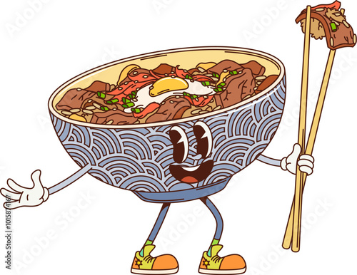 Cartoon retro groovy gyudon donburi character. Isolated vector playful bowl holding chopsticks and appears joyful. Fun and whimsical food personage, traditional Japanese dish and Asian cuisine