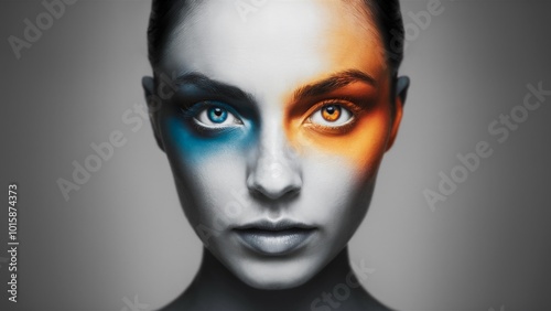 Portrait of woman with dual-toned face paint in dramatic lighting