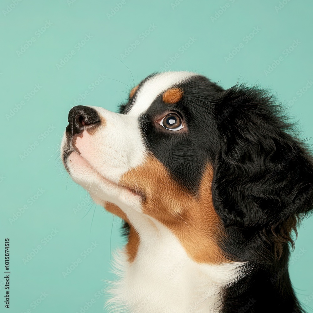 Adorable Bernese Mountain Dog Puppy Close-Up on Blue Background with Text Space Adorable Bernese Mountain Dog Puppy Close-Up on Blue Background with Text Space