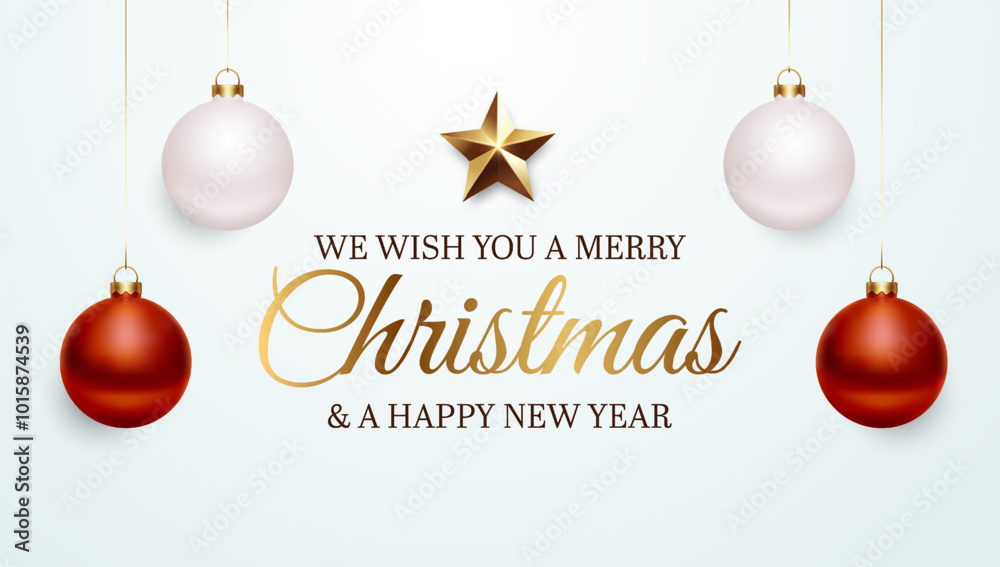 Merry Christmas and a Happy New Year greeting card background banner. Hanging ornaments and gold star. Elegant holiday vector design in festive red, white, and gold colors. Merry Christmas and a Happy New Year greeting card background banner. Hanging ornaments and gold star. Elegant holiday vector design in festive red, white, and gold colors.
