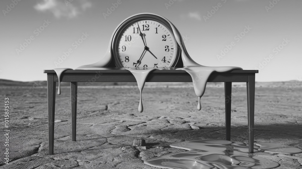 Surreal melting clock on table in desolate landscape, symbolizing time distortion and decay