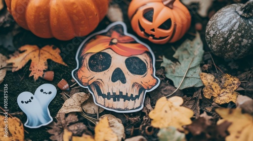 Fun, retro Halloween stickers with a magical twist!  Think 90s-style witchy designs with skulls, pumpkins, ghosts, and more.  Perfect for adding a spooky touch to your walls. photo