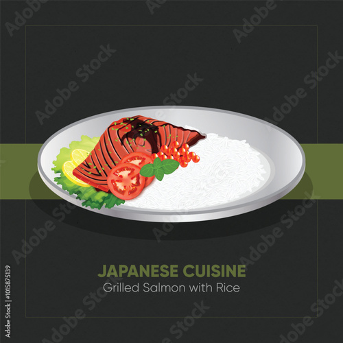 Grilled salmon with rice in vector illustration. Japanese cuisine.