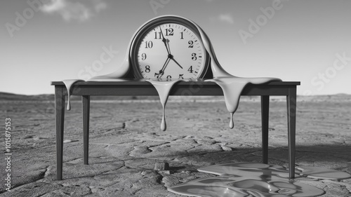 Obraz na płótnie Surreal melting clock on table in desolate landscape, symbolizing time distortion and decay w salonie
