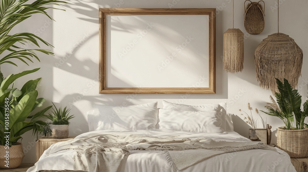 Mock up frame in cozy home interior background, coastal style bedroom, 3d render, Cozy Minimalist Bedroom with Natural Light.