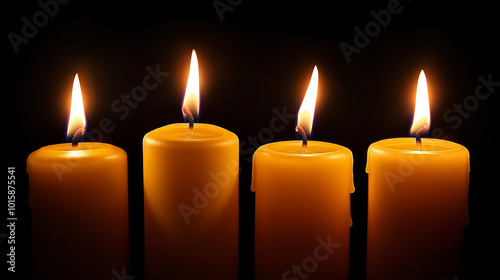 Four burning wax candles, arranged from tallest to shortest, are shown against a dark, see-through background.