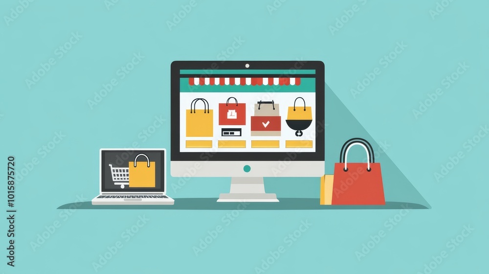 A computer screen shows a website for online shopping. It promises fast delivery and includes images of a laptop, a shopping cart, a package, and shopping bags. A computer screen shows a website for online shopping. It promises fast delivery and includes images of a laptop, a shopping cart, a package, and shopping bags.