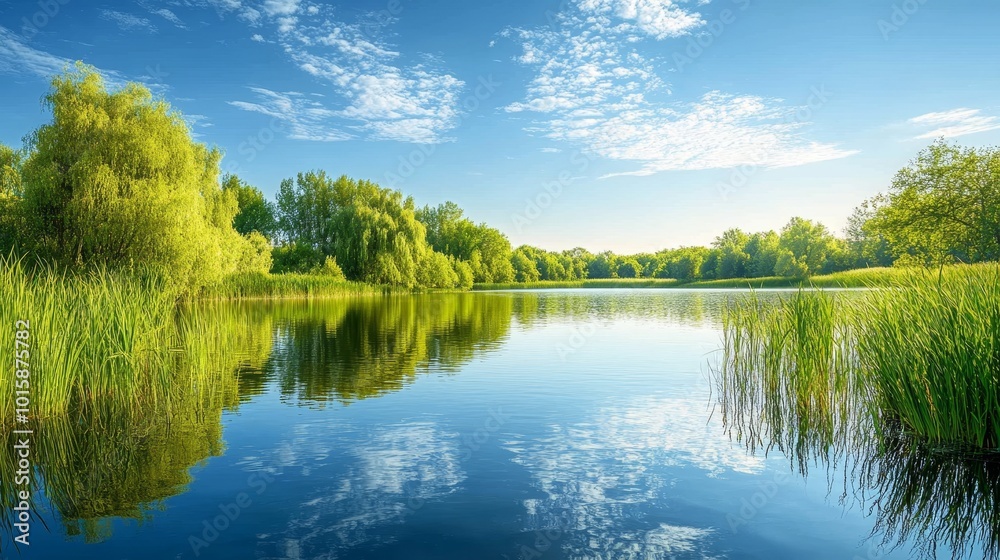 Idyllic pond encircled by lush willows and tall reeds, the blue sky and soft clouds reflecting off the glassy surface, peaceful natural scene Idyllic pond encircled by lush willows and tall reeds, the blue sky and soft clouds reflecting off the glassy surface, peaceful natural scene