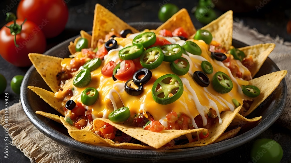 tasty cheesy crispy nachos with yellow cheese cream, sliced jalapeno, black olives & tomatoes. yummy tortilla chips snack or party appetizer totopo Mexican dish tasty cheesy crispy nachos with yellow cheese cream, sliced jalapeno, black olives & tomatoes. yummy tortilla chips snack or party appetizer totopo Mexican dish