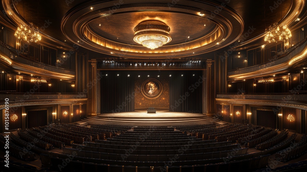 Obraz premium Luxurious circular theater with plush seating encircling a central rotating stage, elegant chandeliers illuminating the performers in a grand spectacle