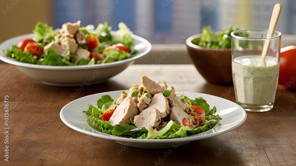 Healthy grilled chicken salad with fresh greens & vegetables in food table. nutrition based protein meat diet meal for athletes & bodybuilder Healthy grilled chicken salad with fresh greens & vegetables in food table. nutrition based protein meat diet meal for athletes & bodybuilder