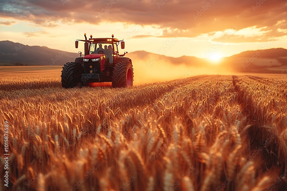 Obraz premium Tractor working on the rice fields barley farm at sunset time,