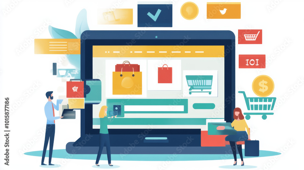 This illustration shows how online shopping works, including 24/7 customer service and different payment options.