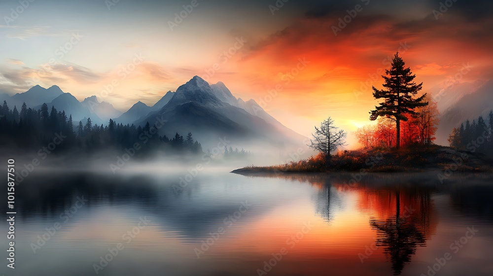 Fototapeta premium A serene landscape depicting a sunset over a tranquil lake, with soft ripples reflecting the vibrant colors of the sky, symbolizing the transient nature of emotions. Ultra-Realistic, Photo Realistic, 