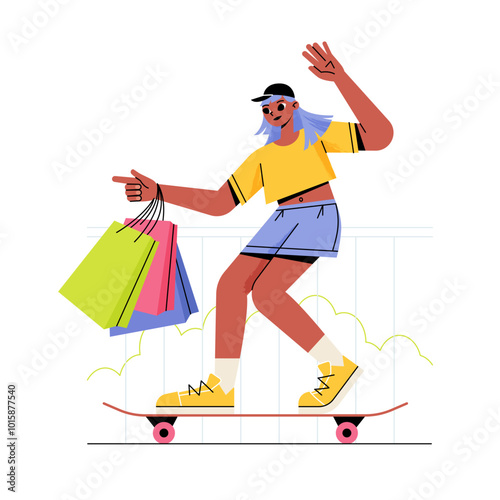 Girl riding a skateboard with shopping bags in her hand