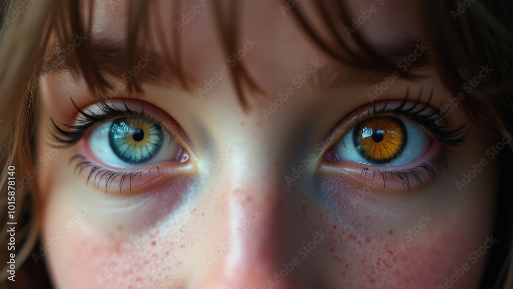 Close-up of person with heterochromatic eyes, one blue and one amber, showcasing unique eye colors Close-up of person with heterochromatic eyes, one blue and one amber, showcasing unique eye colors