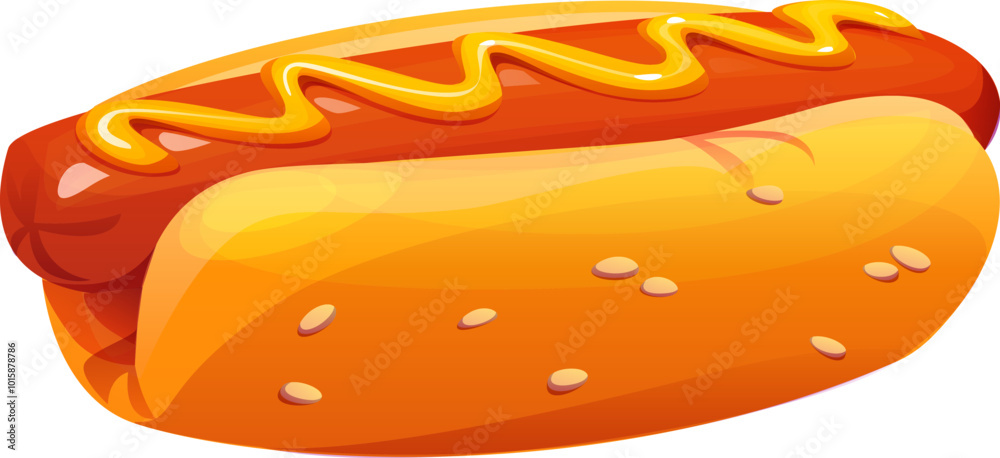 Cartoon hot dog fast food meal. Isolated vector classic hotdog with a juicy sausage nestled in a soft, sesame-seed bun, topped with a swirl of mustard. Delicious take away street or barbeque snack Cartoon hot dog fast food meal. Isolated vector classic hotdog with a juicy sausage nestled in a soft, sesame-seed bun, topped with a swirl of mustard. Delicious take away street or barbeque snack