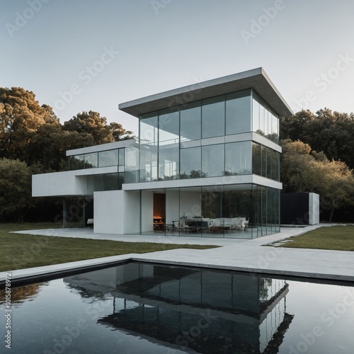 A futuristic house with curved walls and a sleek metal finish, set against a white backdrop. photo