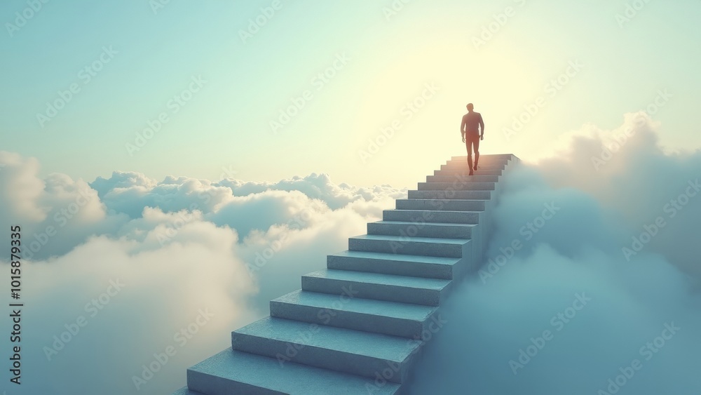Man walking up staircase towards sunlight in surreal cloudy sky