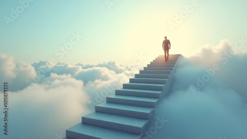 Obraz na płótnie Man walking up staircase towards sunlight in surreal cloudy sky w salonie
