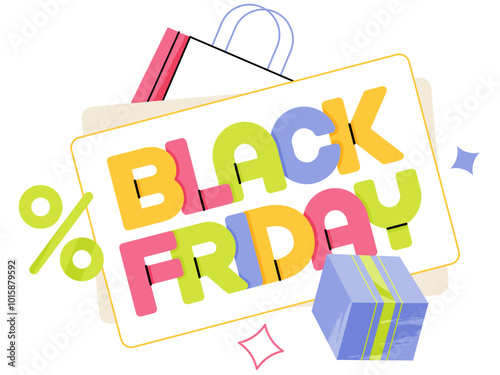 Lettering Black Friday on note with bag and box text