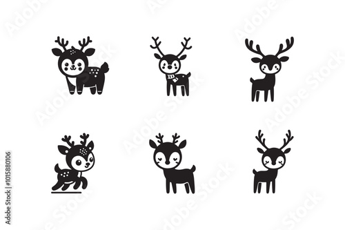 Cute Reindeer icon black and white silhouette