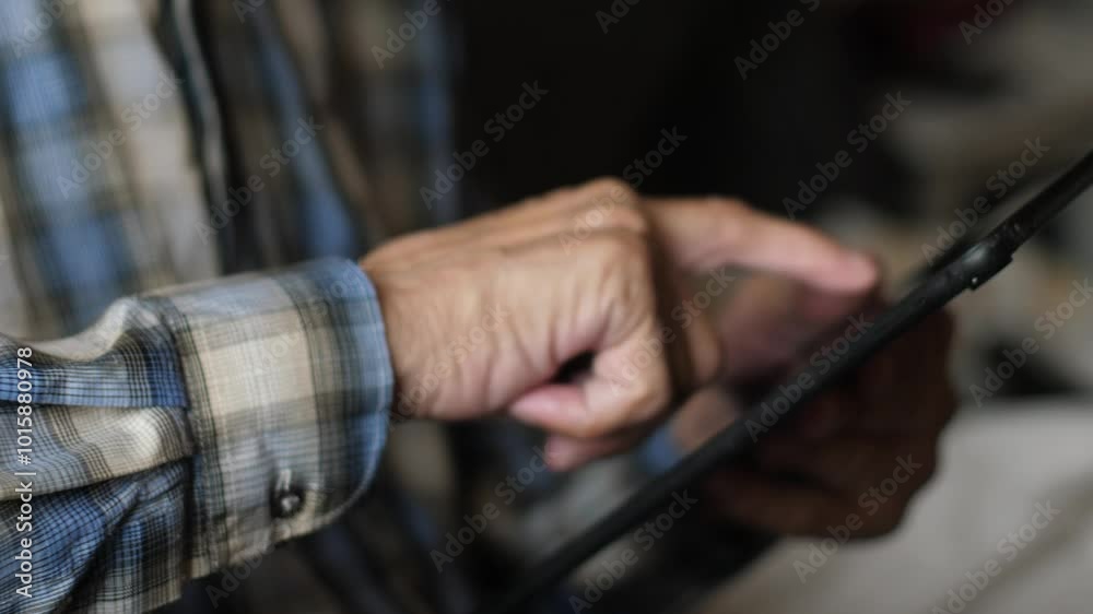 pensioner uses tablet computer browsing web pages, old man's hands press on gadget screen, scrolls news feed and content on social networks, pensioner's leisure pensioner uses tablet computer browsing web pages, old man's hands press on gadget screen, scrolls news feed and content on social networks, pensioner's leisure