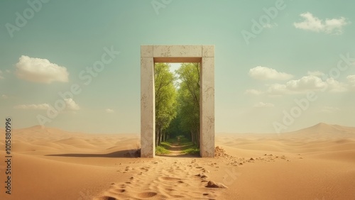 Surreal doorway leading to a lush forest amid a vast desert landscape